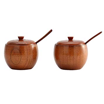 2PCS/Set Natural Wood Tableware Spice Jar Kitchen Supplies Seasoning Sauce Pot with Lid Bowl Salt Shaker Box Tin