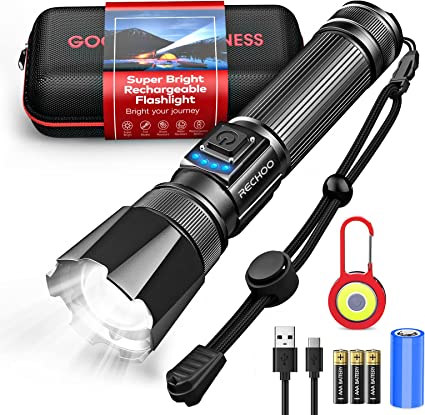 RECHOO Torches LED Super Bright, XHP70 10000 Lumens Rechargeable LED Torch with 5 Modes and Type-C Fast Charging, Waterproof Battery Powered Tactical Flashlight Torch for Camping Fishing Emergency