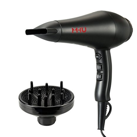 MHU Professional Hair Dryer with Diffuser and Nozzle Negative Ionic 1875W AC Motor Blow Dryer 2.65m Cable