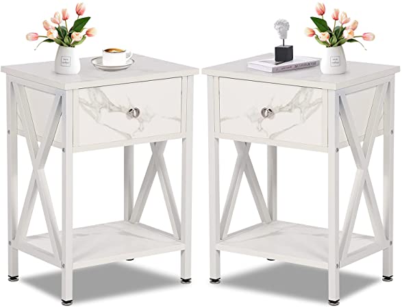 VECELO Modern Night Stand Drawer Versatile Nightstands End Storage Shelf/Side Table for Living Room Bedroom, Pure White/Set of 2