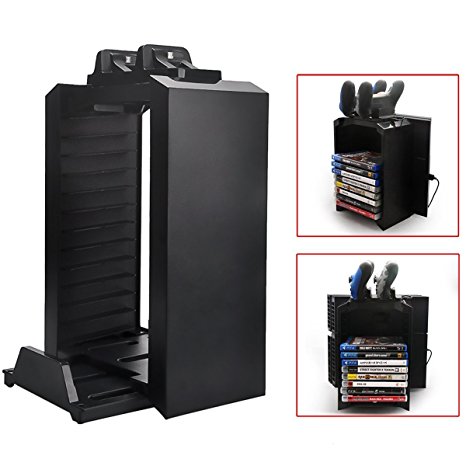 SUNKY - PS4 / PS4 Slim / Pro Game Storage Holder, Playstation 4 Dual Controller Charging Station Dock Stand & Multifunctional PS4 Video Games DVD BluRay Storage Tower