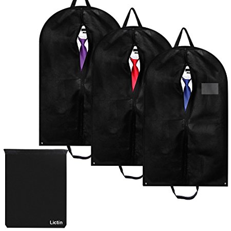 Lictin 3 pcs 100*60cm Breathable Garment Suit Clothes Covers Bags, 40 inch Suit Covers Foldable Bag with Handles and 1 Shoes Bag Good for Traveling Easy to Carry(Black)