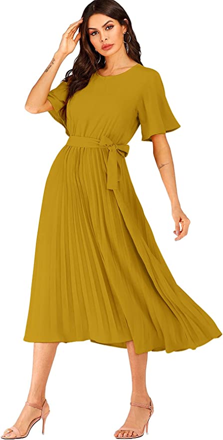 Milumia Women's Elegant Belted Pleated Flounce Sleeve Long Dress