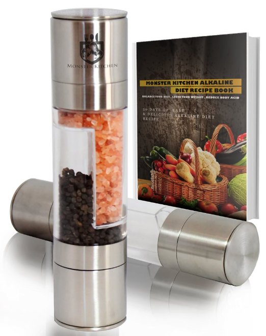Salt and Pepper Grinders Set 2in1- Salt grinder and Pepper grinders Mill and Shaker Set with Stainless Steel - Clear Acrylic Body and Ceramic Grinding mechanism by Monster Kitchen. Get a Recipe ebook as Gift. Savor the flavor of freshly ground spices NOW.