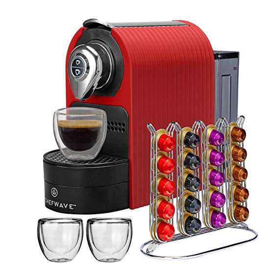ChefWave Mini Espresso Machine - Nespresso Capsules Compatible - Programmable One-Touch 27 Oz. Water Tank, Premium Italian 20 Bar High Pressure Pump - 40 Pod Holder, 2 Double-Wall Glass Cups - Red