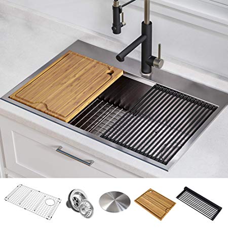 KRAUS KWT310-30 Kore Workstation 30-inch Drop-In or Undermount 16 Gauge Single Bowl Stainless Steel Kitchen Sink with Integrated Ledge and Accessories (Pack of 5)