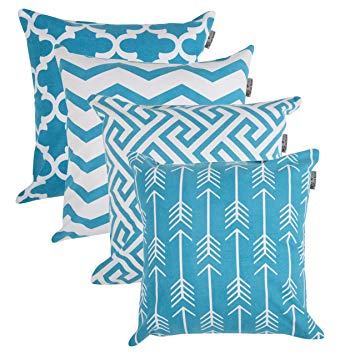 ACCENTHOME Square Printed Cotton Cushion Cover,Throw Pillow Case, Slipover Pillowslip for Home Sofa Couch Chair Back Seat,4pc Pack 18x18 in Aqua Color