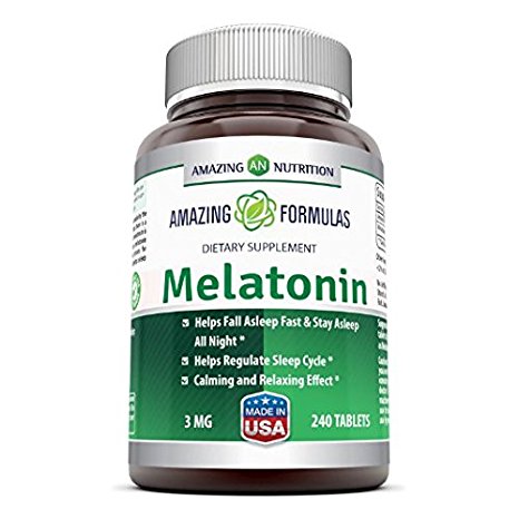 Amazing Nutrition Melatonin – 3 Mg Tablets - Best Choice of Natural Sleep Aid Supplement – Promotes Calming and Relaxing Effect - 240 Pills Per Bottle- Suitable for Vegetarians