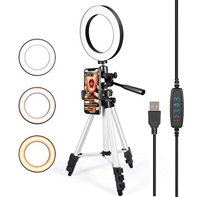 Selfie Ring Light with Tripod Stand for Live Stream - GLCON LED Ring Light with Cell Phone Holder for iPhone Samsung Android - Dimmable Makeup Light with 3 Light Mode   10 Level Brightness for YouTube