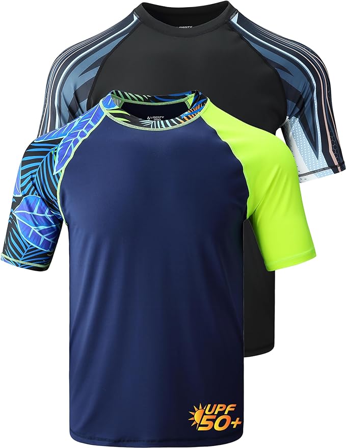 Liberty Imports 2-Pack Men's UV Short Sleeve Swim Shirts Loose Fit Rash Guards