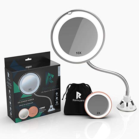 Remuant 6.8 inch 10x Magnifying Makeup Mirror With Light,Magnifying Mirror Make-up,360 Degree Swivel Flexible Mirror,Bathroom Mirror with Suction Cup,Lighted Makeup Mirror with BONUS 2X Compact Mirror