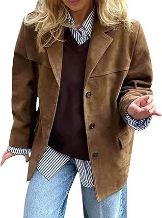 Suede Jackets for Women 2024 Brown Faux Leather Jacket Old Money Aesthetic Suede Blazer Y2K Outerwear Winter Coat