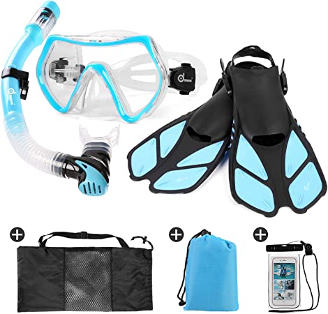 Odoland Snorkel Set 6-in-1 Snorkeling Packages, Diving Mask with Splash Guard Snorkel and Adjustable Swim Fins and Lightweight Backpack and Waterproof Case