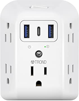 USB Wall Charger, TROND Surge Protector Power Strip 5 Outlet Extender and 3 USB Charging Ports ( 1 USB C ) 3 Sided 1440 Joules Multi Plug Outlets Wall Adapter Spaced for Home School Office Travel