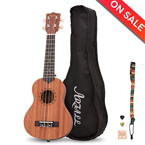 Artall 21 Inch Handcrafted Solid Wood Soprano Ukulele, Small Sapele Guitar Beginner Pack with Carrying Bag & Accessories, Natural