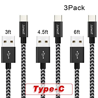 USB Type C Cable, junwolf USB C Cable 3Ft/4.5FT/6Ft 3Pack Nylon Braided Long Cord USB Type A to C Fast Charger for Macbook, LG G6 V20 G5,Google Pixel, Nexus 6P 5X, Nintendo Switch, Samsung Galaxy S8