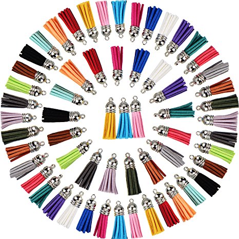 Satinior 100 Pieces 40 mm Leather Tassel Pendants Faux Suede Tassel with Caps for Key Chain Straps DIY Accessories, 20 Colors