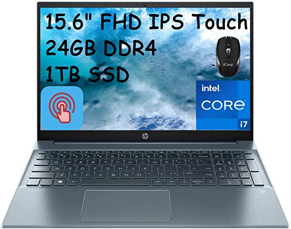 2021 Flagship HP Pavilion 15 Laptop Computer 15.6" FHD IPS Touchscreen Display 11th Gen Intel Quad-Core i7-1165G7 24GB DDR4 1TB SSD B&O Audio Backlit Webcam HDMI WiFi Win 10   iCarp Wireless Mouse