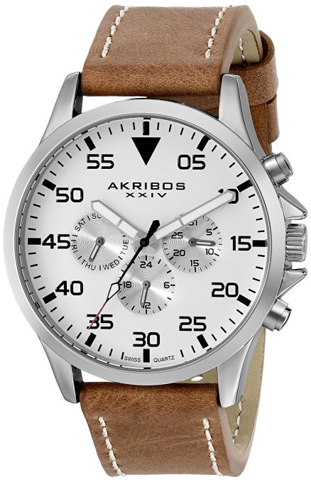Akribos XXIV Men's AK773SSBR Silver-Tone Watch With Brown Leather Band