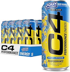 Cellucor C4 Performance Energy Drink | JOLLY RANCHER Blue Raspberry | Zero Sugar Carbonated Preworkout Energy | 200mg Caffeine with Beta Alanine | 16 Fl Oz (12 Pack)