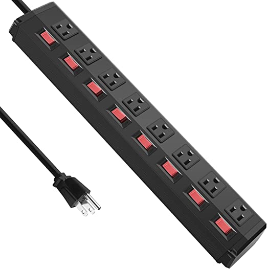 Power Strip with Individual Switches and Flat Plug, CRST ECO-Friendly 8-Outlet Metal Heavy Duty Surge Protector (600 Joules), 6-Feet 14AWG Cord with Hook and Loop Fastener, 15A Circuit Breaker