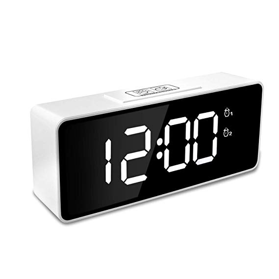 Sanlinkee Digital Alarm Clock with Dual Alarm,6.4“ Mirror Surface Dimmer LED Display Adjustable Brightness Desk Clock with Memory Function, Big Snooze Button and Backup Battery for Bedroom, Office