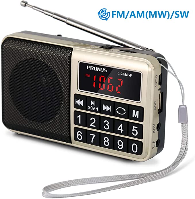 PRUNUS Portable Radio SW/FM/AM(MW)/MP3/USB/SD/TF Rechargeable with Neodymium Speaker. Large Button and Large Display. Stores Stations Automatically. (NO Manual Memory/Delete Stations Function