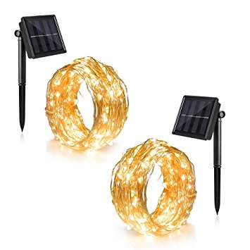 [2pack] 33FT Copper Wire LED Solar String Lights BBOUNDER Christmas Starry Lights,100 LED Waterproof Rope Light,Outdoor Christmas Decoration Lighting for Indoors,Gardens,Homes,Patios(Warm White)
