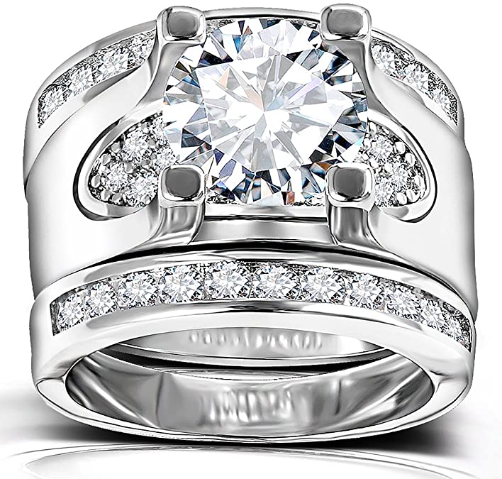3 PCS Round Cut CZ Bridal Sets - 5.56 Ct Cubic Zirconia Silver Color Promise Engagement Wedding Rings Set for Women