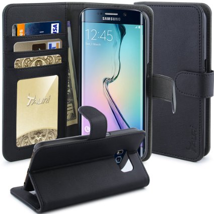 S6 Edge Case Tauri Stand Feature Samsung Galaxy S6 Edge Wallet Leather Case with Stand ID and Credit Card Pockets Flip Cover - Black