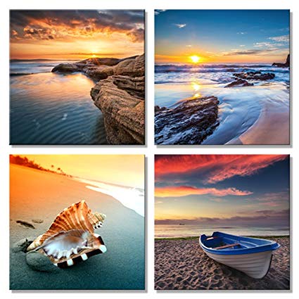 Pyradecor Sunset Sea Beach Modern Seascape Pictures Paintings on Canvas Wall Art 4 Panels Stretched and Framed Giclee Canvas Prints Artwork for Living Room Bedroom Home Office Decorations