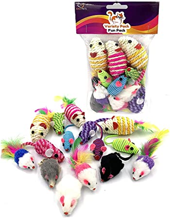 AXEL PETS 15 Variety Mice Rattle Sound, Catnip,3 Real Fur Mice, 3 Sisal Mice,3 Hypno Mice, 3 Rope Mice, 3 Fluffy Cheezers Fur Mice, Interactive Catch Play Mouse Toy for Cat, Pack of 15 Mice