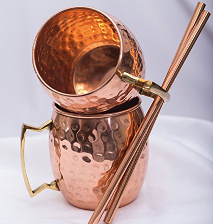 Moscow Mule Copper Mugs, Set of 2 Mugs 2 Copper Straws and Cleaning Brush, Highest Quality, 100% Solid Copper, (No Nickel Int.) 16oz Capacity, Handcrafted Mugs, Brass Handle, Hammered Finish.
