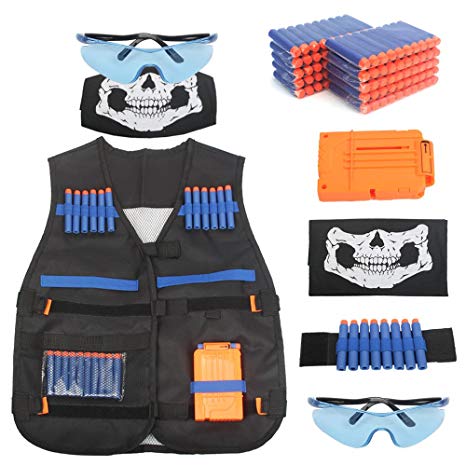 AMOSTING Tactical Vest for Kids, Adjustable Tactical Vest Kit for Nerf N-Strike Elite Series Toy Guns with Reload Clip, Refill Darts, Vision Goggles, Skull Mask, Wrist Band