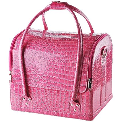 Pink Crocodile Makeup Train Bag Handbag Case w/ Removable Tray Cosmetic Jewelry