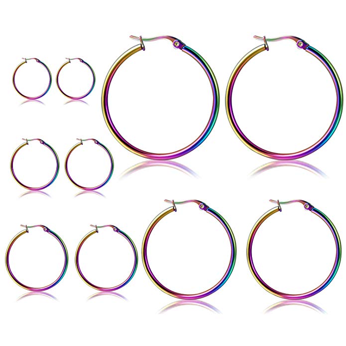 Orris Pack of 5 Different Sizes, Titanium Steel Colorful Ear Hoop Earrings Set for Women Girls