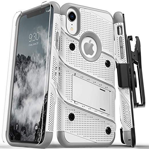 Zizo Bolt Series Compatible with iPhone XR Case Military Grade Drop Tested with Tempered Glass Screen Protector Holster and Kickstand White Gray