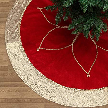 Valery Madelyn 48" Luxury Red and Gold Christmas Tree Skirt with Flower Design,Themed with Christmas Ornaments (Not Included)