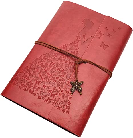Butterfly Journal Leather Refillable Notebook Premium Retro Spiral Notebook Classic Binder Vintage Embossed Travelers Journal for Art Sketch Travel Diary and Journal Records (Red, A6)…