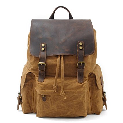 SUVOM Vintage Canvas Leather Backpacks 15.6" School Laptop Bag Waterproof Travel Rucksack