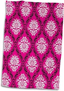 3D Rose Hot Pink Black White Ornate Damask Hand/Sports Towel, 15 x 22, Multicolor