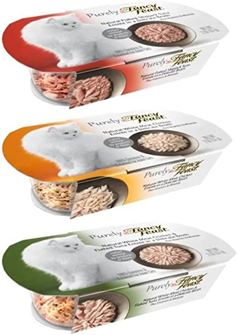 Fancy Feast Purely Complete Cat Food 3 Flavor Variety 6 Can Bundle: (2) White Meat Chicken, (2) White Meat Chicken & Flaked Tuna, and (2) Flaked Skipjack Tuna, 2 Oz. Ea. (6 Cans Total)