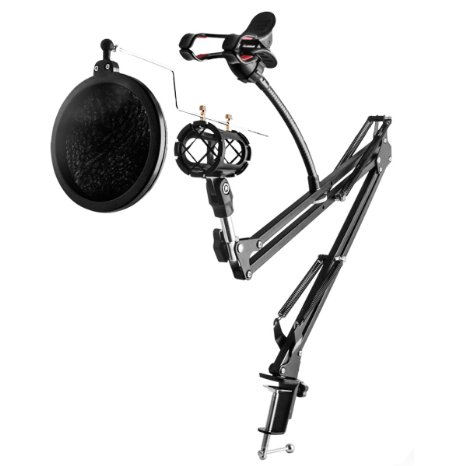 Microphone & Phone Holder Kit,Ouonline Professional 360°Adjustable Metal Music Microphone and Phone Stand Suspension Scissor Arm Stand Kit with Pop Filter for Internet Karaoke / Phone Karaoke / MV Recording or More