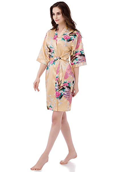 gusuqing Women's Printing Peacock Kimono Robe Short Sleeve Silk Bridal Robe