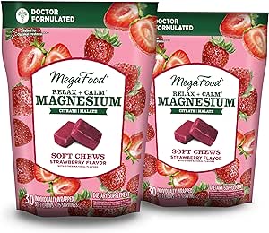 MegaFood Relax   Calm Magnesium Supplement - Soft Chews with Magnesium Citrate & Magnesium Malate for Heart Health, Muscle Tension & More - Vegetarian - Strawberry-Flavor - 30 Chews per pack (2 Pack)