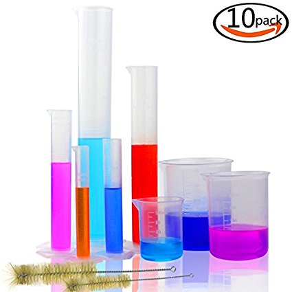 DEPEPE 5 Clear Plastic Graduated Cylinders with 3 Plastic Beakers and 2 Test Tube Brushes