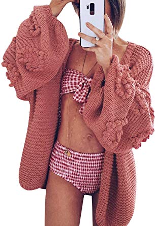 Simplee Women's Oversized Lantern Sleeve Loose Cozy Cable Knit Cardigan Sweaters
