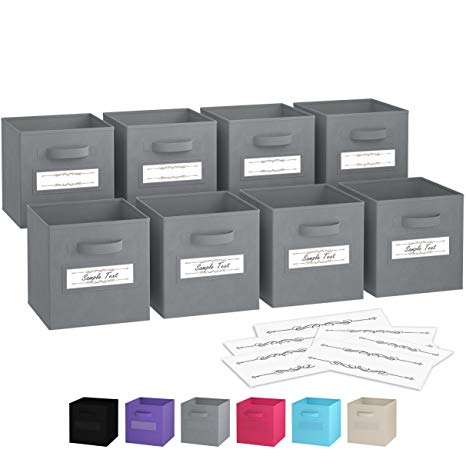 Royexe Set of 8 Foldable Fabric Storage Cubes | Features Dual Handles & Large Easy-to-read Label Window with 10 Pre-Cut Label Inserts | Collapsible Cloth Organizer Bins Baskets Containers (Grey)