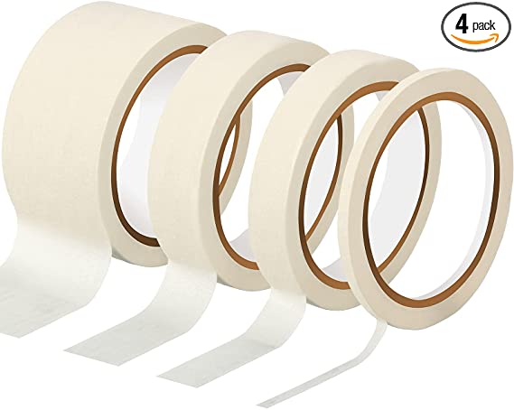 4 Rolls Basic Masking Tape 1/4, 3/4, 1 and 2 in General Purpose Masking Tape No Residue Easy Tear Removable Painters Tape Crepe Paper for Production Painting, Home, Office (White)