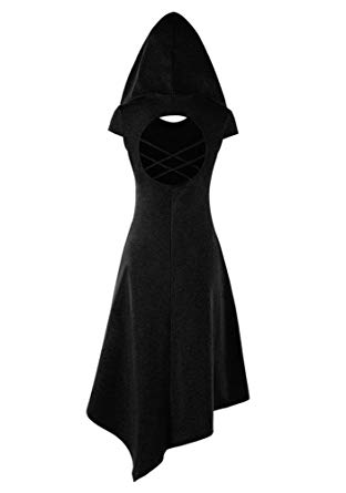 Foshow Halloween Dress Hoodie Criss Cross Medieval Cosplay Asymmetrical Midi Dresses with Hat
